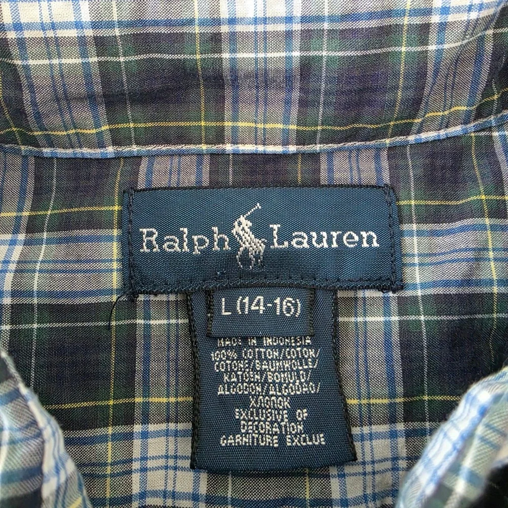 Ralph Lauren Kids Navy Blue Green Plaid Button Down Shirt L 14-16 Cotton Pony